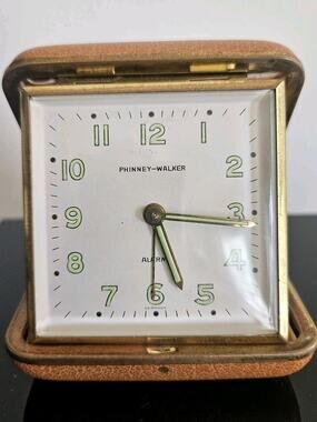Vintage Phinney-Walker Germany Folding Travel Alarm Clock Brown Leather Case...